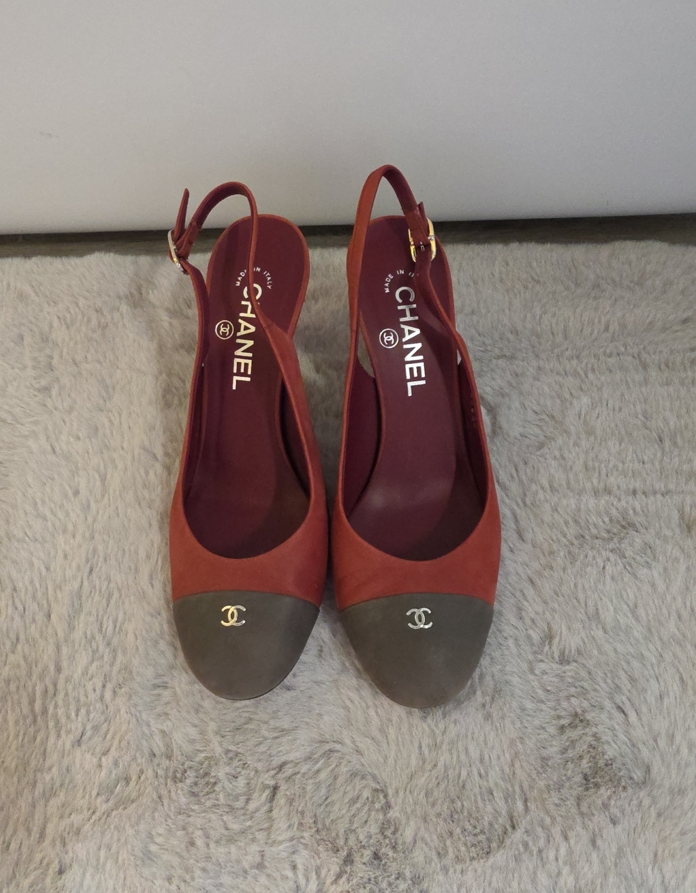 CHANEL Two-Tone Slingback Mules in Red and Grey